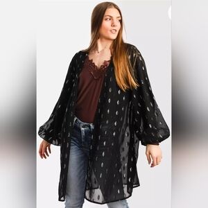 Daytrip Black Flyaway Woven Chiffon Kimono Top Metallic Leaf Detail Women's M